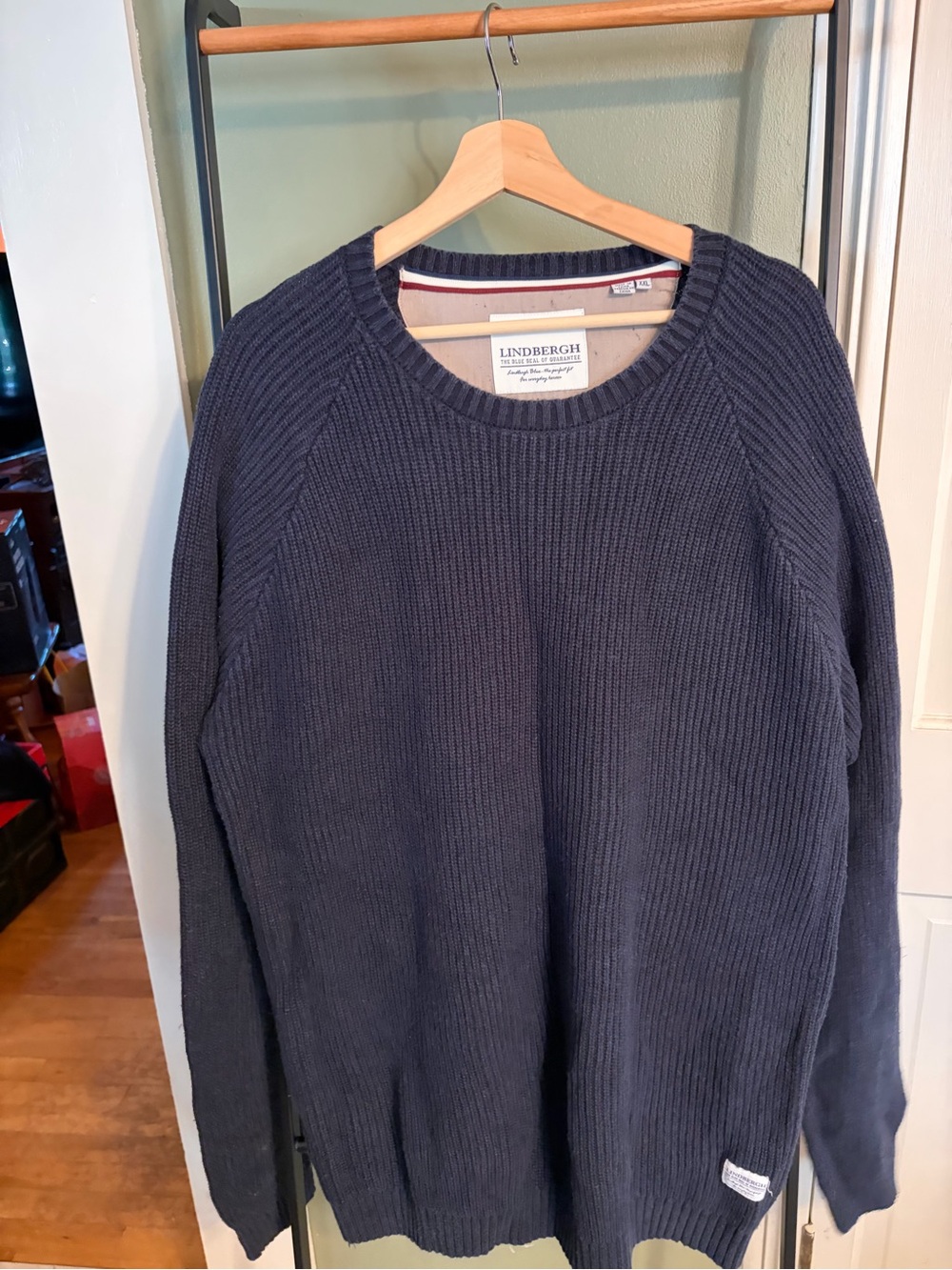 Lindbergh Men's Dark Navy Ribbed Crewneck Sweater 100 percent cotton
